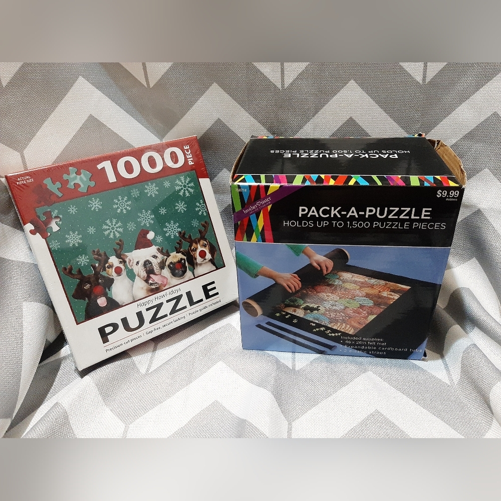 Holiday Dog Reindeer Puzzle and Pack-A-Puzzle Mat Set